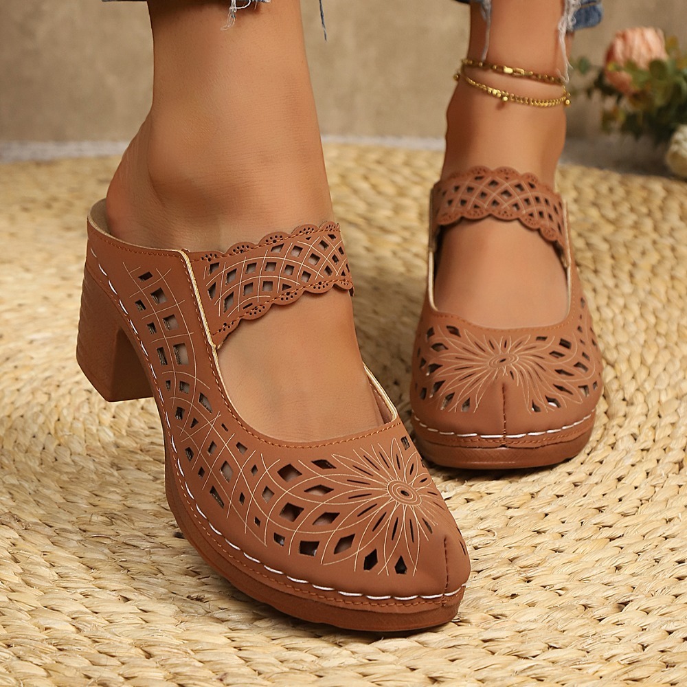 Vintage Women'S Formal Wear - Sandálias Mules Femininas com Recortes Vazados,