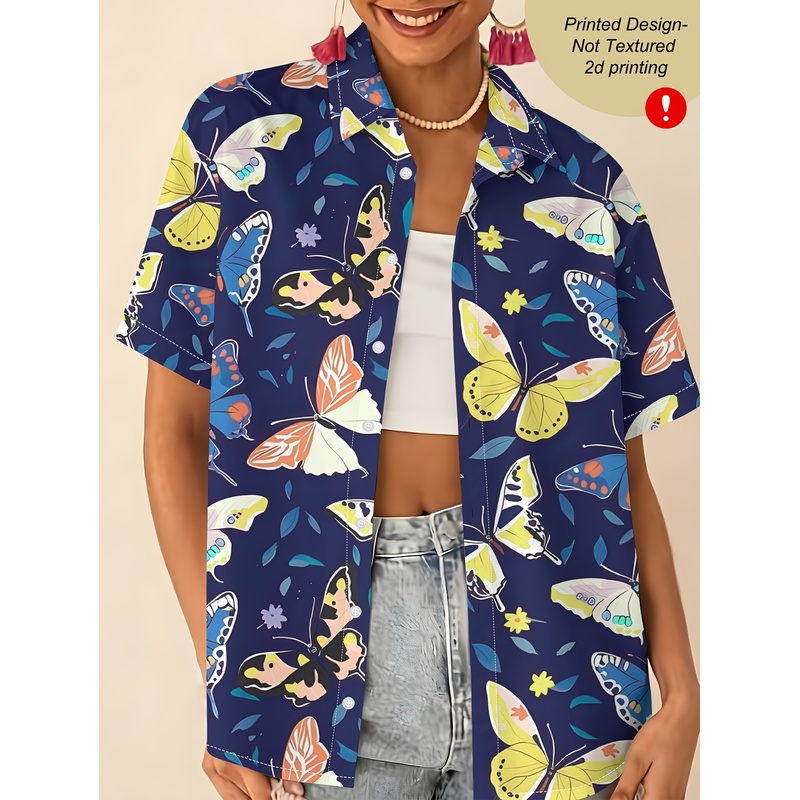 Women Formal Wear Stitching - Camisa Feminina com Estampa de Borboleta,