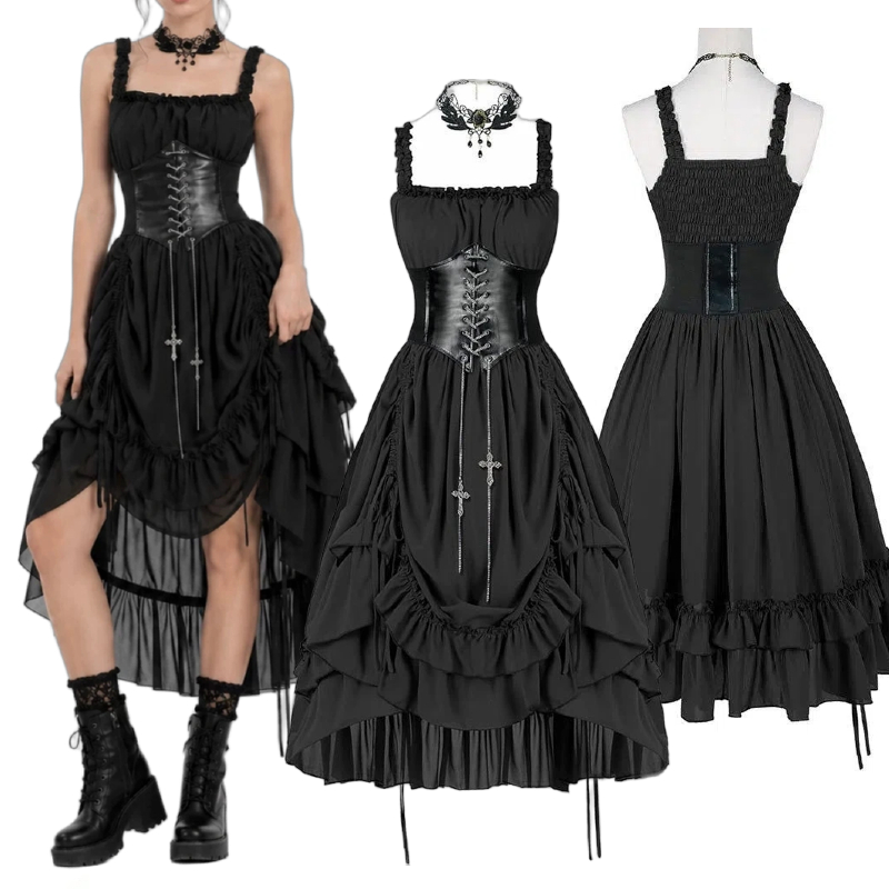Vintage Women'S Formal Wear - Vestido Gótico Feminino com Corset Preto