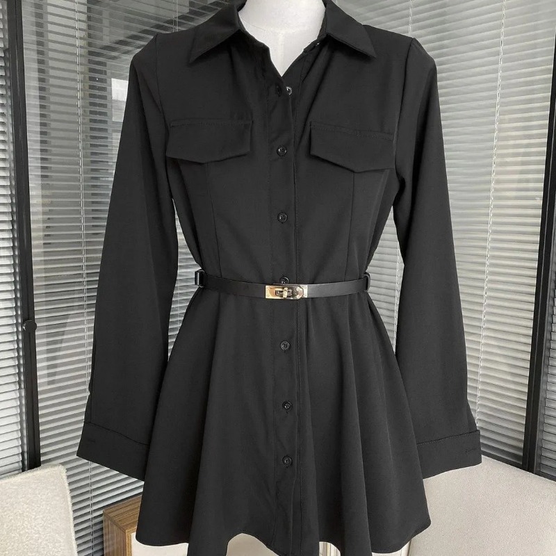 Women Formal Wear Stitching - Vestido camisa preto feminino manga comprida